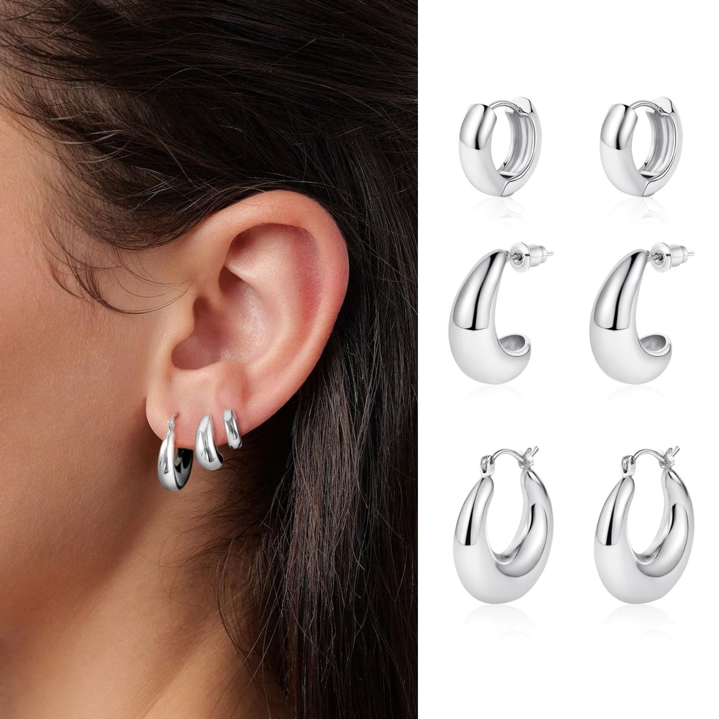 MIDEEO Gold/Sliver Chunky Hoop Earrings Set, 14K Gold Plated Twisted Huggie Hoop Earring