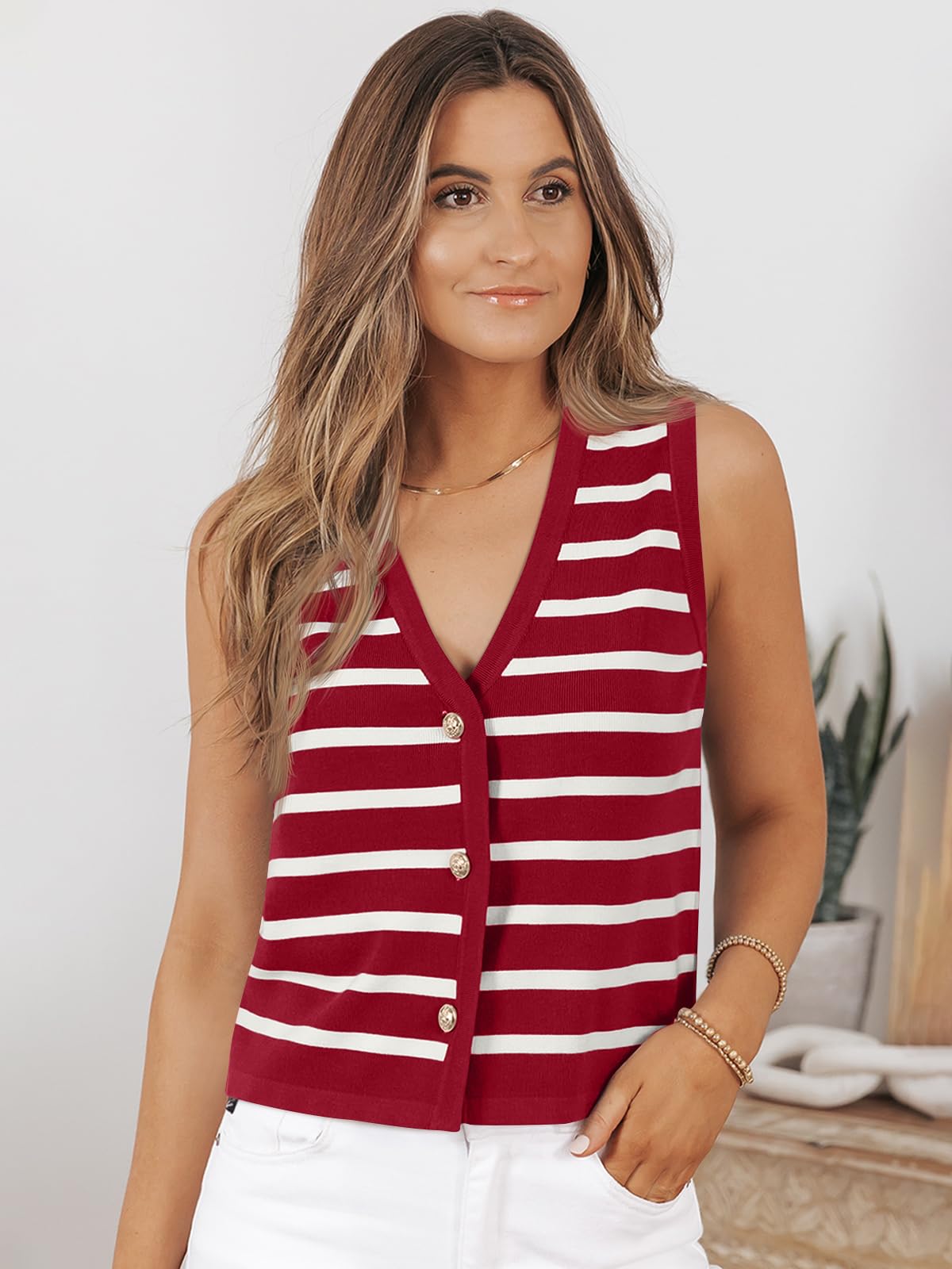 LILLUSORY Summer Vest Tops for Women, Striped Sweater Vests
