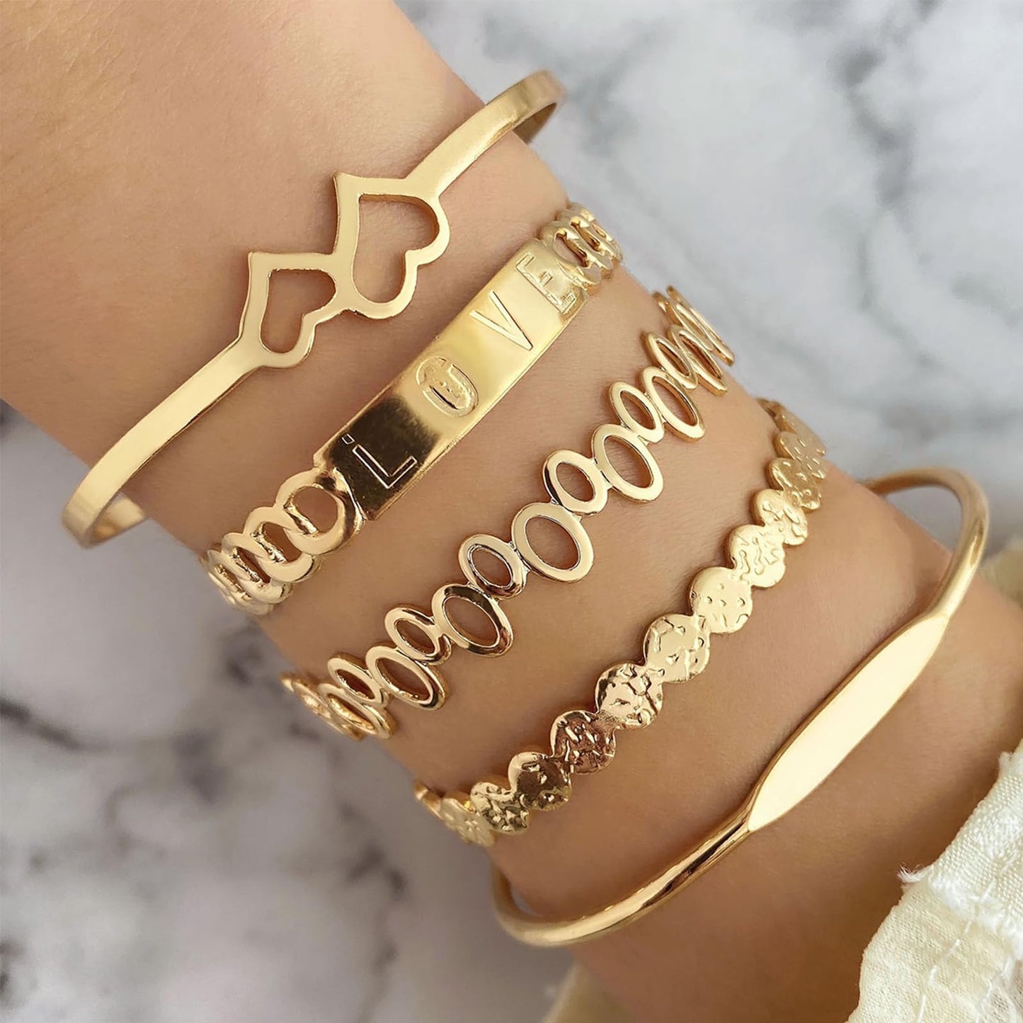 IFKM Gold Bangle Bracelets for Women, 14k Gold Plated Multi-Layer Stackable Cuff Bracelet Set