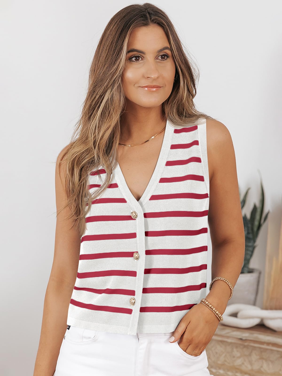 LILLUSORY Summer Vest Tops for Women, Striped Sweater Vests
