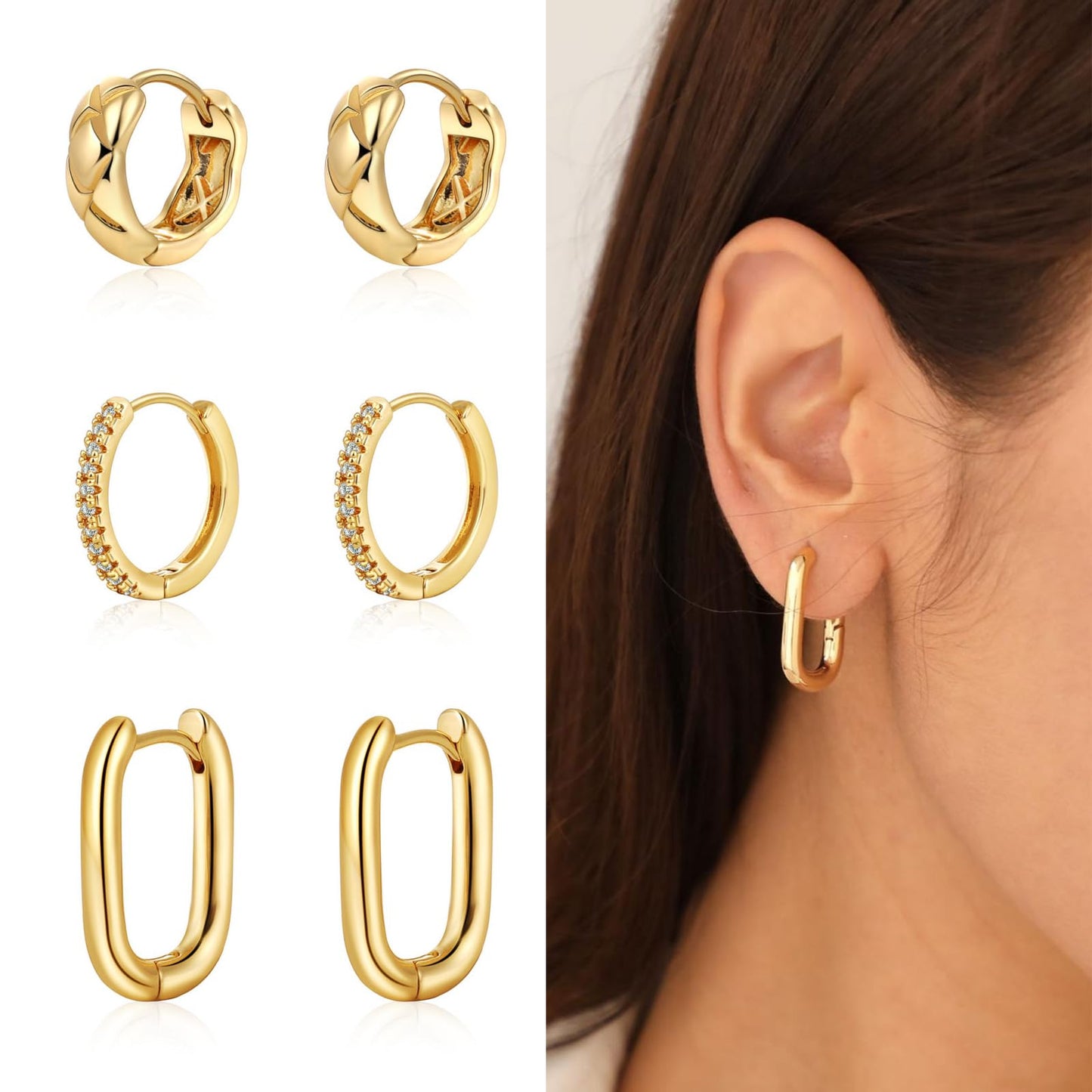 MIDEEO Gold/Sliver Chunky Hoop Earrings Set, 14K Gold Plated Twisted Huggie Hoop Earring