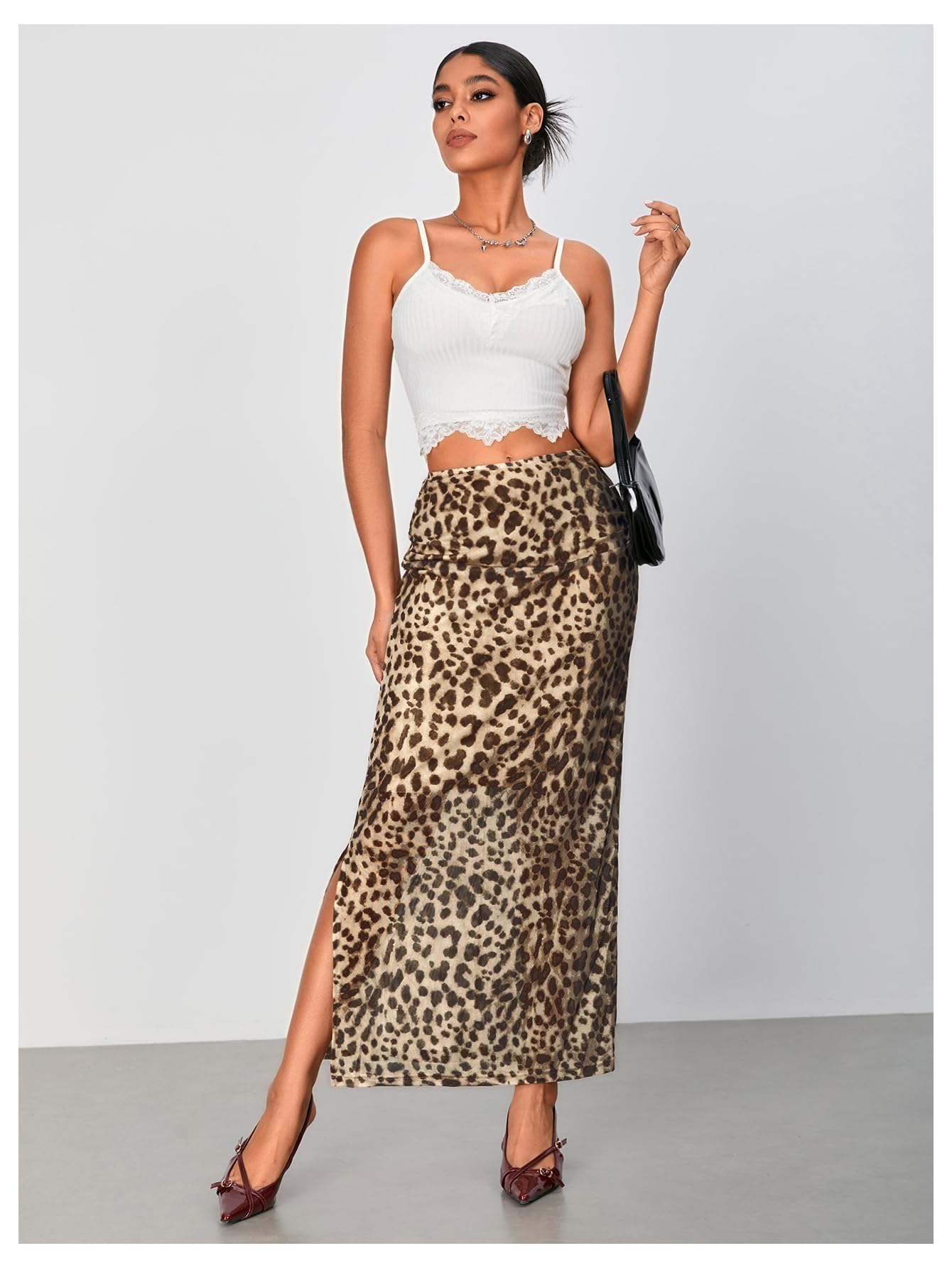 WDIRARA Women's Leopard Print Mesh Skirt Ruched Split Thigh Low Waist Maxi Skirts
