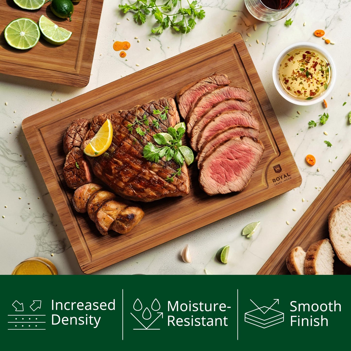 Wooden Cutting Boards for Kitchen Meal Prep & Serving - Bamboo Wood Cutting Board Set - Charcuterie & Chopping Butcher Block for Meat - Kitchen Gadgets Gift