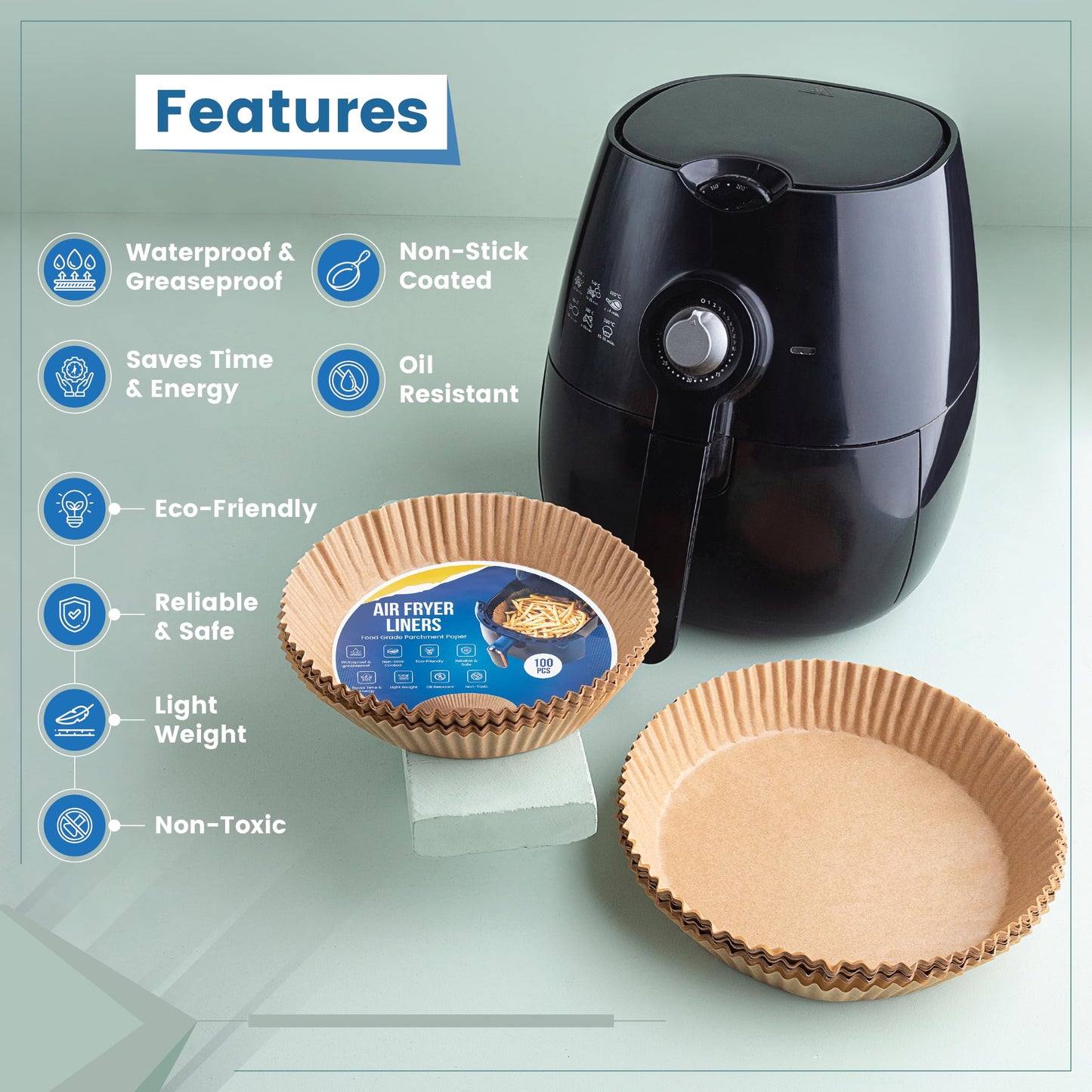 Disposable Air Fryer Liners 8 Inches - 100 Pcs Square/Round shaped, Fit for 5-8qt