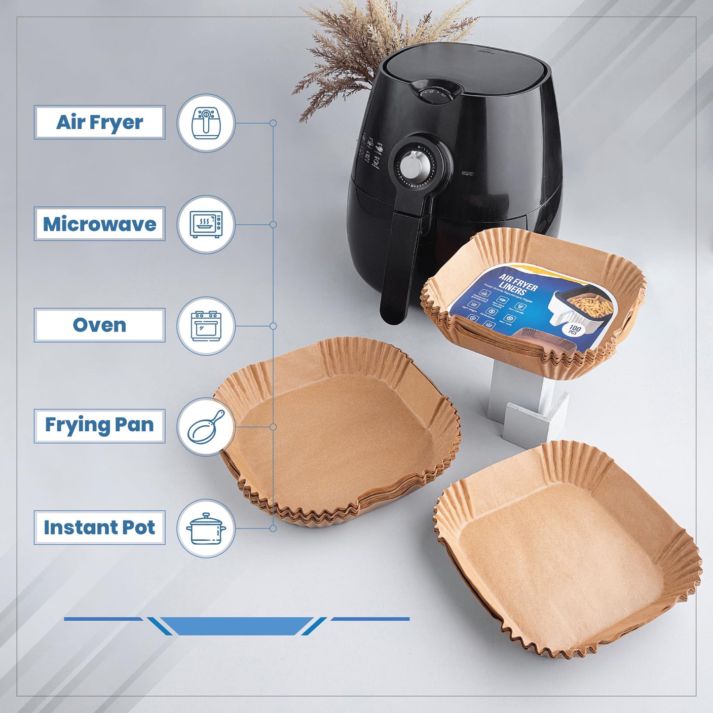 Disposable Air Fryer Liners 8 Inches - 100 Pcs Square/Round shaped, Fit for 5-8qt