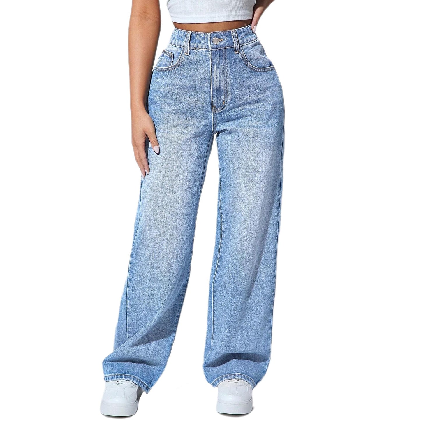 Straight Leg Jeans for Women, High Waisted Stretchy Wide Leg Denim Pants