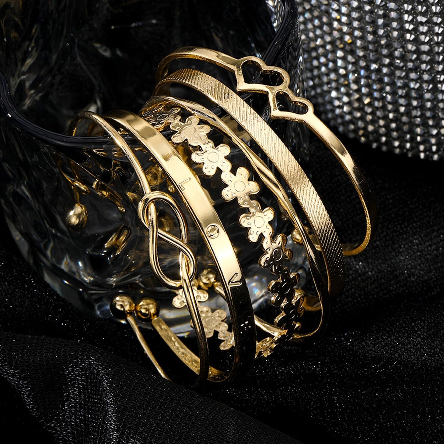 IFKM Gold Bangle Bracelets for Women, 14k Gold Plated Multi-Layer Stackable Cuff Bracelet Set