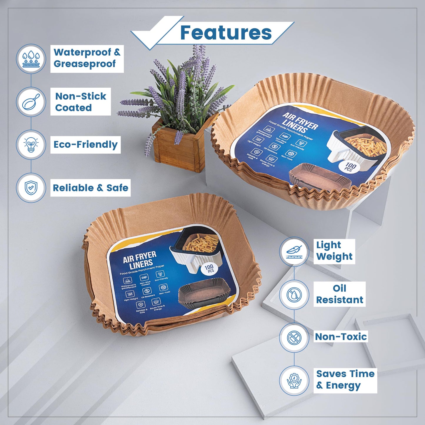 Disposable Air Fryer Liners 8 Inches - 100 Pcs Square/Round shaped, Fit for 5-8qt