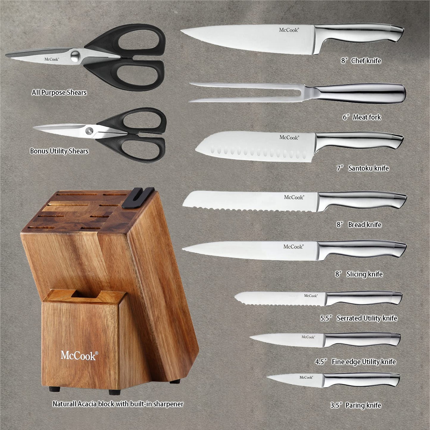 McCook® Knife Sets, German Stainless Steel Kitchen Knife Block Sets with Built-in Sharpener