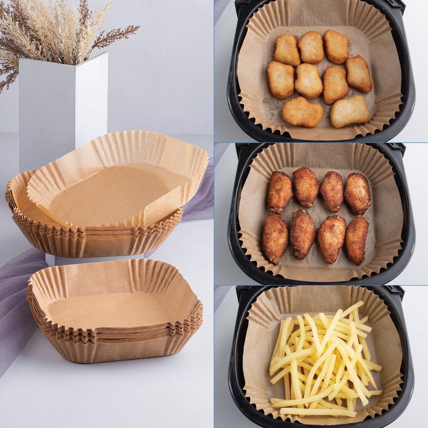 Disposable Air Fryer Liners 8 Inches - 100 Pcs Square/Round shaped, Fit for 5-8qt