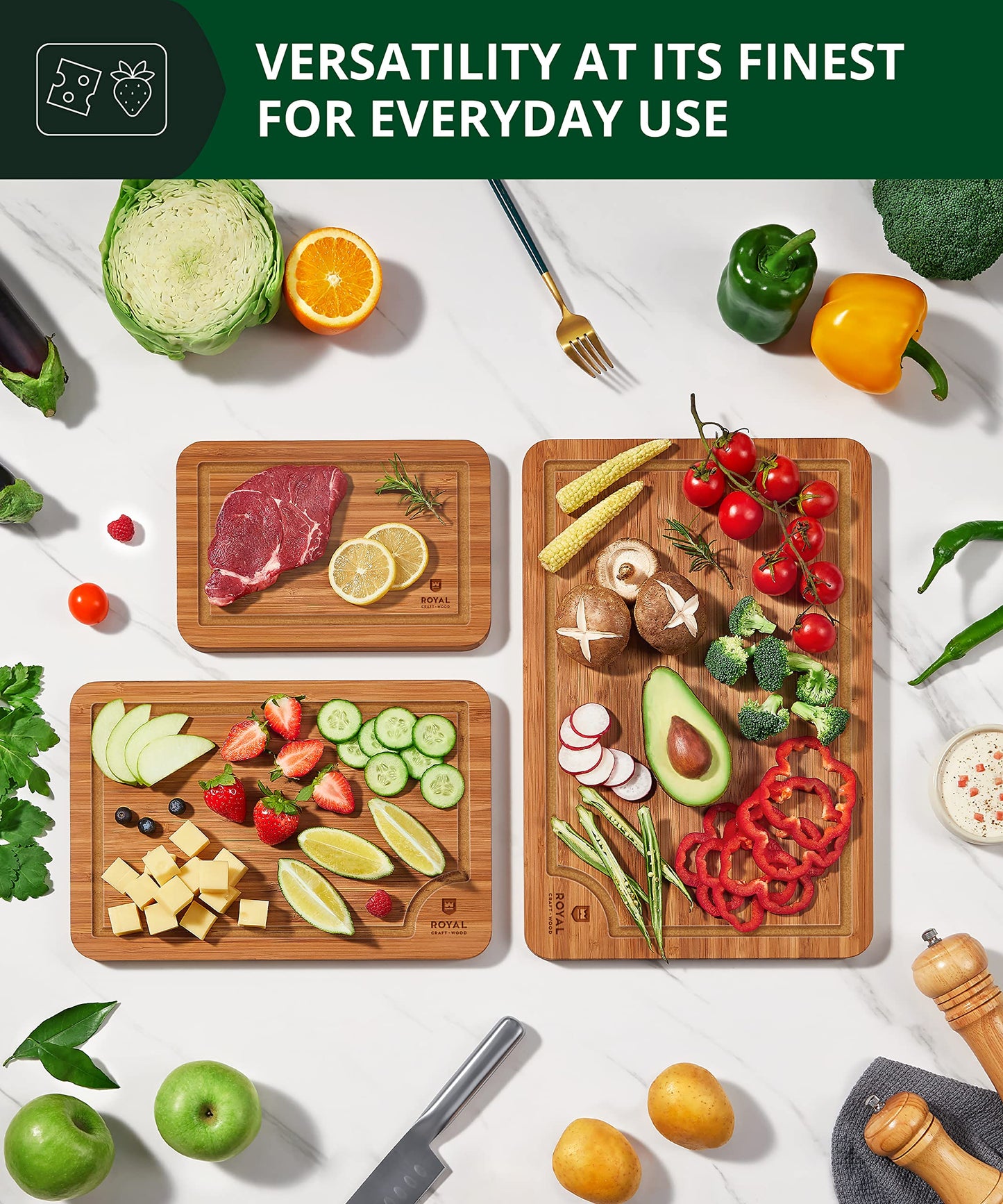 Wooden Cutting Boards for Kitchen Meal Prep & Serving - Bamboo Wood Cutting Board Set - Charcuterie & Chopping Butcher Block for Meat - Kitchen Gadgets Gift