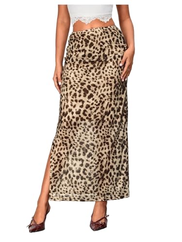 WDIRARA Women's Leopard Print Mesh Skirt Ruched Split Thigh Low Waist Maxi Skirts