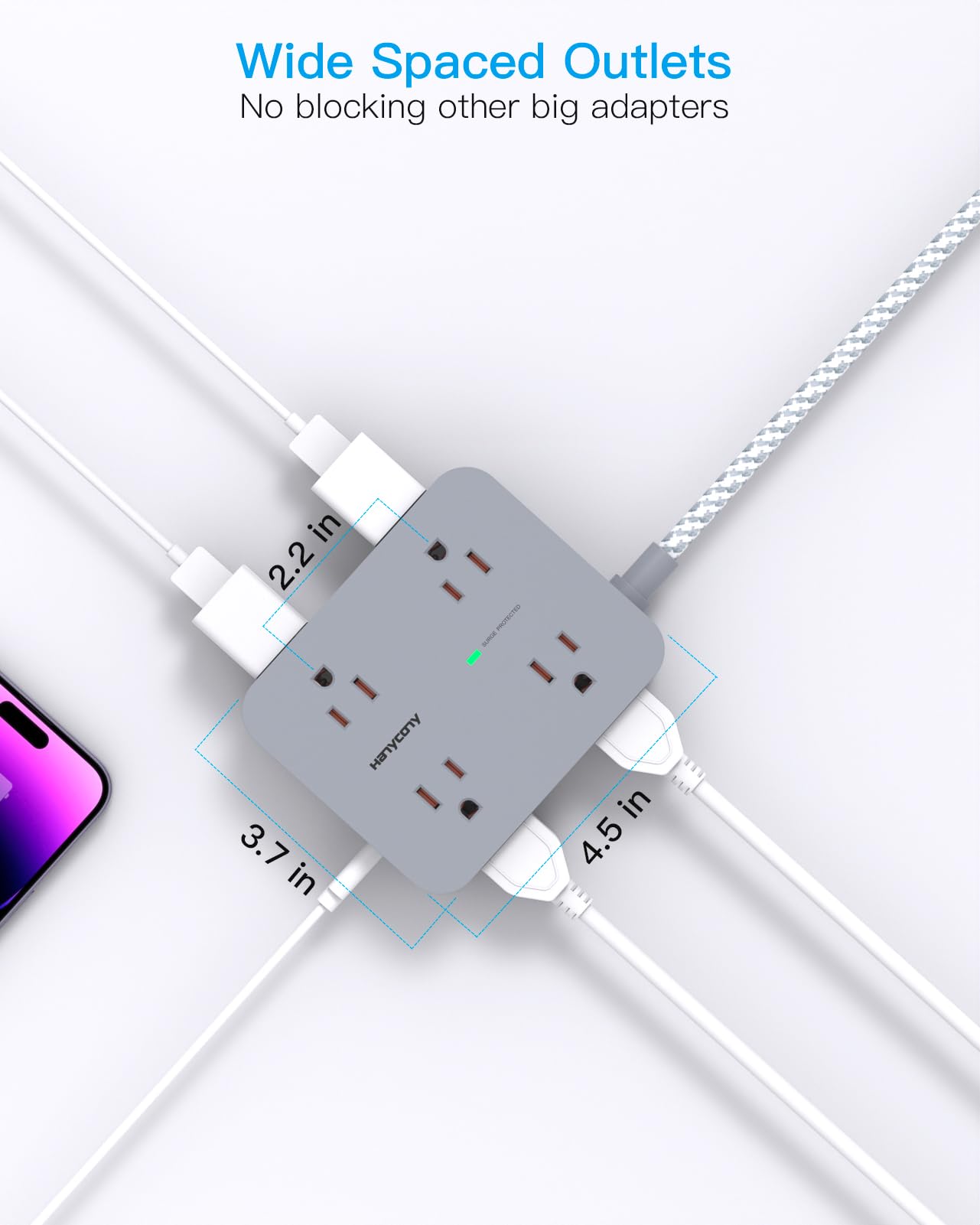 Surge Protector Power Strip - HANYCONY 8 Outlets 4 USB (2 USB C) Charging Ports- Multi Plug Outlet Extender, 5Ft