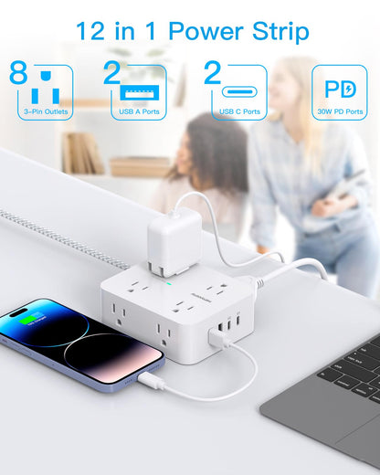 Surge Protector Power Strip - HANYCONY 8 Outlets 4 USB (2 USB C) Charging Ports- Multi Plug Outlet Extender, 5Ft