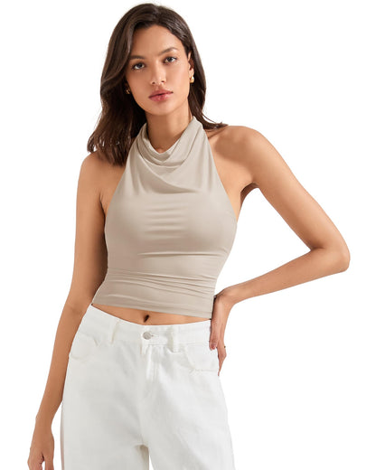 SUUKSESS Women Halter Backless Tank Tops Sexy Cowl Neck Summer Going Out Cami Tops