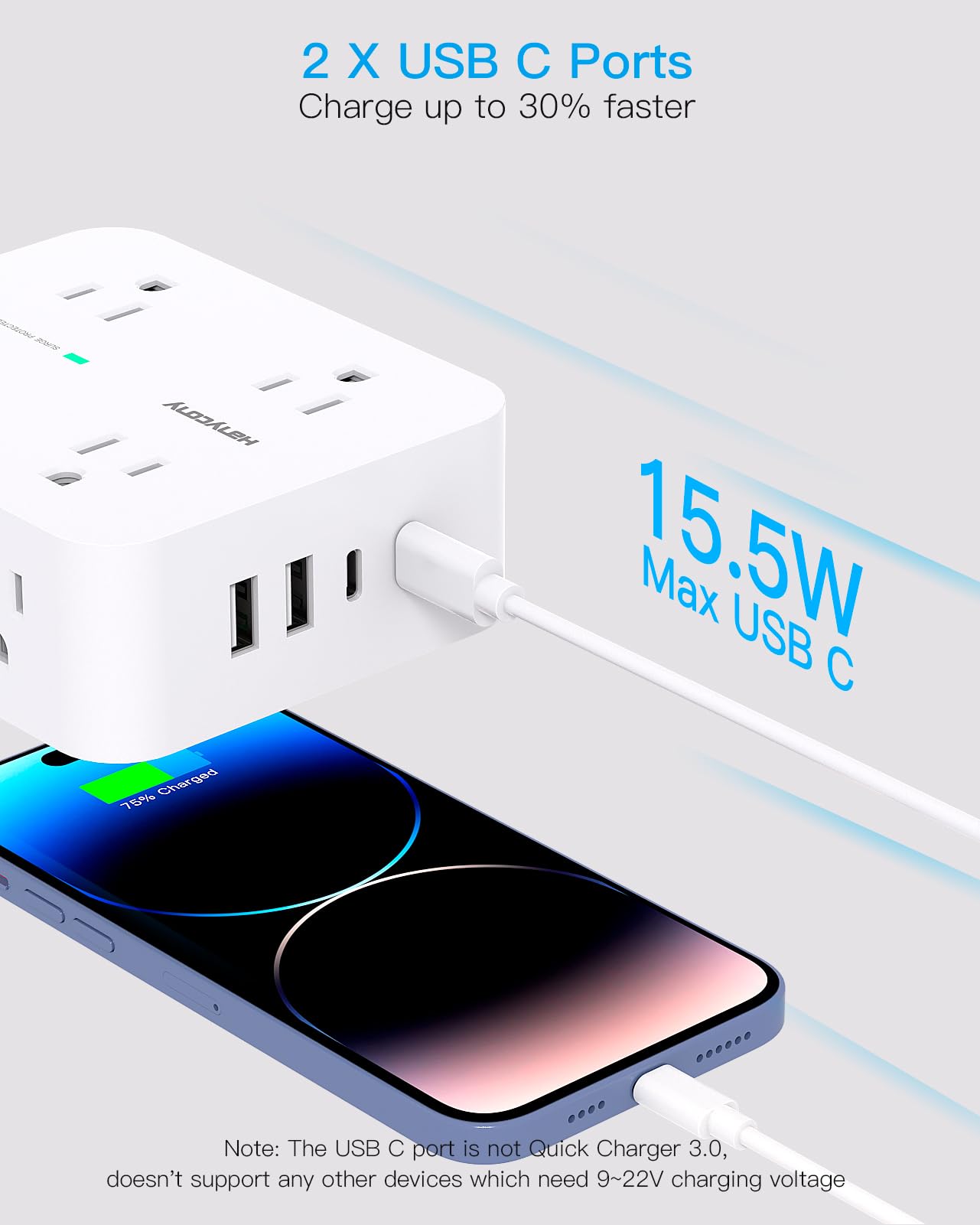 Surge Protector Power Strip - HANYCONY 8 Outlets 4 USB (2 USB C) Charging Ports- Multi Plug Outlet Extender, 5Ft
