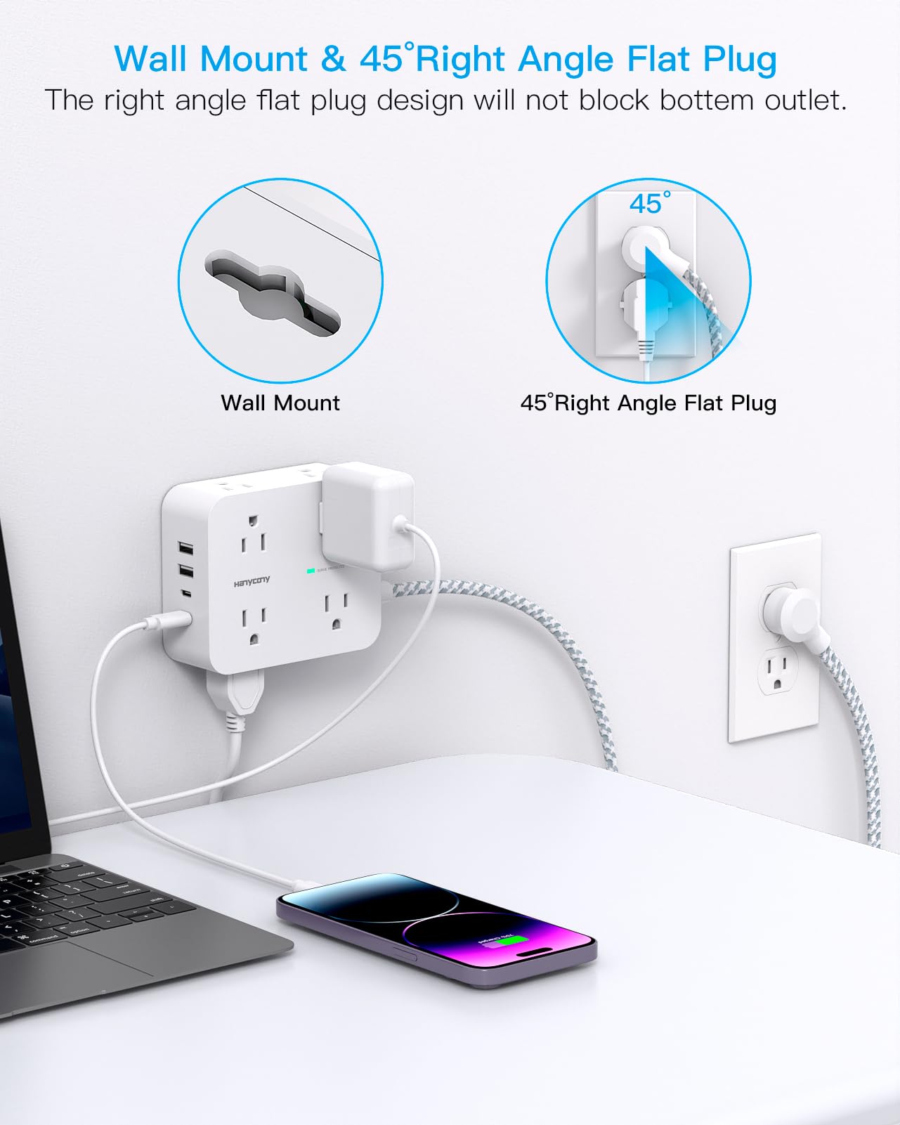 Surge Protector Power Strip - HANYCONY 8 Outlets 4 USB (2 USB C) Charging Ports- Multi Plug Outlet Extender, 5Ft