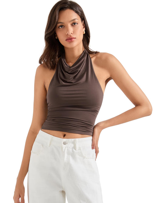 SUUKSESS Women Halter Backless Tank Tops Sexy Cowl Neck Summer Going Out Cami Tops