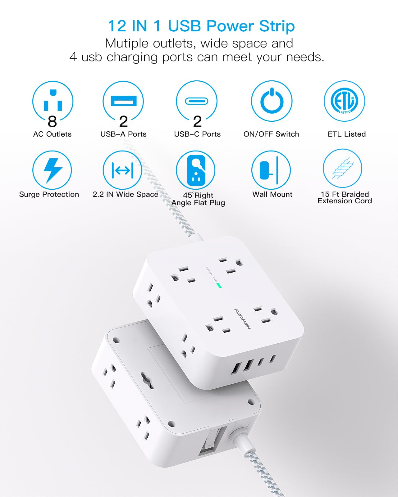 Surge Protector Power Strip - HANYCONY 8 Outlets 4 USB (2 USB C) Charging Ports- Multi Plug Outlet Extender, 5Ft