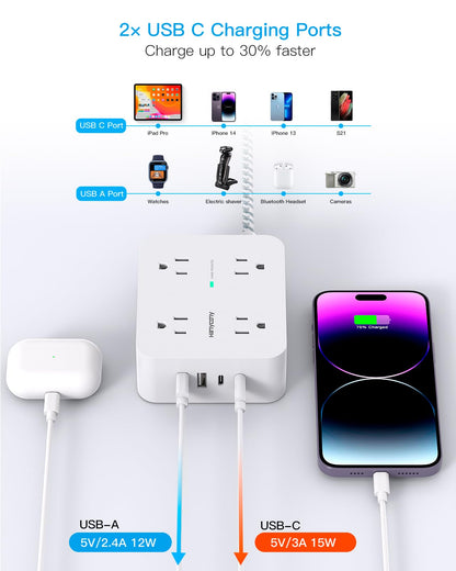 Surge Protector Power Strip - HANYCONY 8 Outlets 4 USB (2 USB C) Charging Ports- Multi Plug Outlet Extender, 5Ft