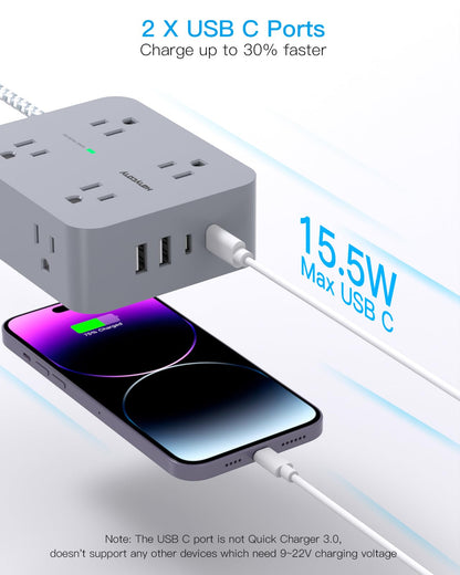 Surge Protector Power Strip - HANYCONY 8 Outlets 4 USB (2 USB C) Charging Ports- Multi Plug Outlet Extender, 5Ft