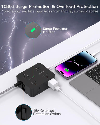 Surge Protector Power Strip - HANYCONY 8 Outlets 4 USB (2 USB C) Charging Ports- Multi Plug Outlet Extender, 5Ft