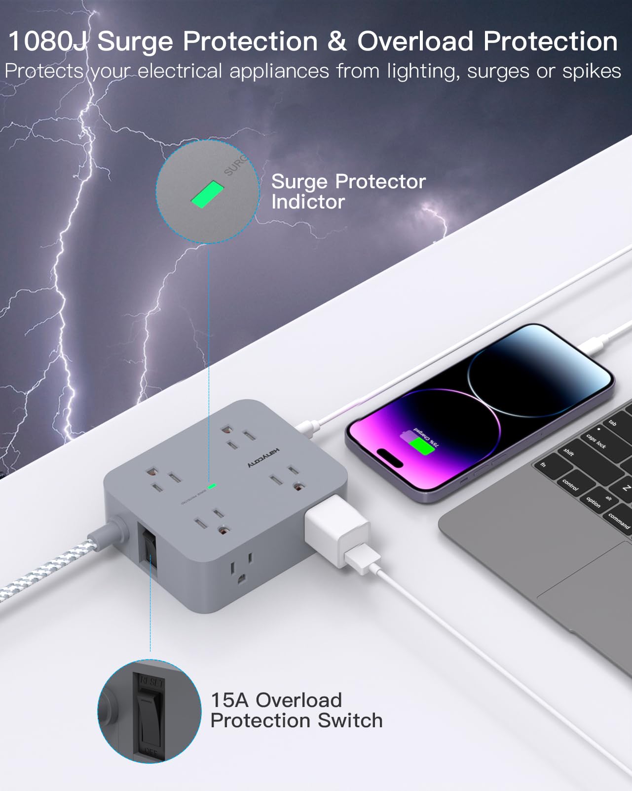 Surge Protector Power Strip - HANYCONY 8 Outlets 4 USB (2 USB C) Charging Ports- Multi Plug Outlet Extender, 5Ft