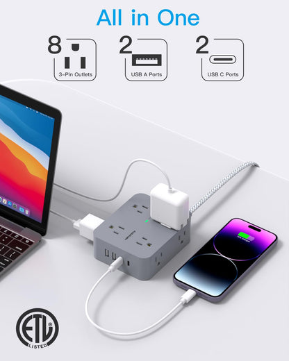 Surge Protector Power Strip - HANYCONY 8 Outlets 4 USB (2 USB C) Charging Ports- Multi Plug Outlet Extender, 5Ft