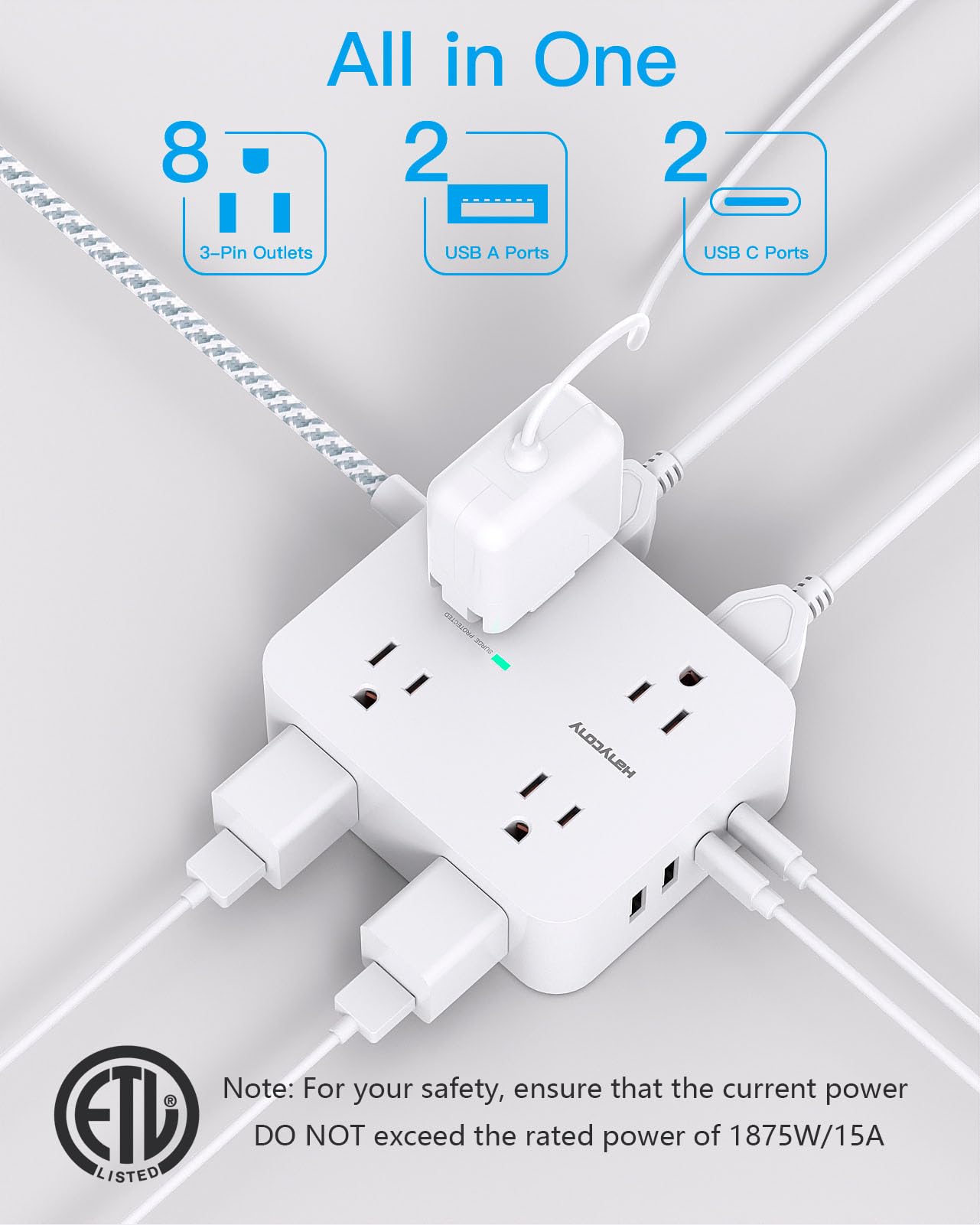 Surge Protector Power Strip - HANYCONY 8 Outlets 4 USB (2 USB C) Charging Ports- Multi Plug Outlet Extender, 5Ft