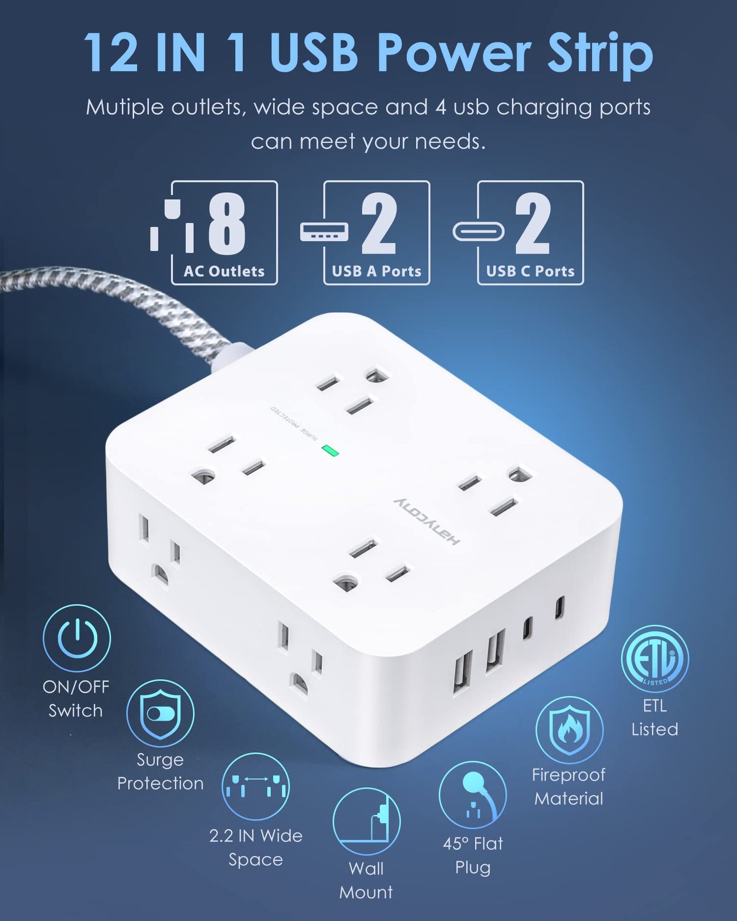 Surge Protector Power Strip - HANYCONY 8 Outlets 4 USB (2 USB C) Charging Ports- Multi Plug Outlet Extender, 5Ft