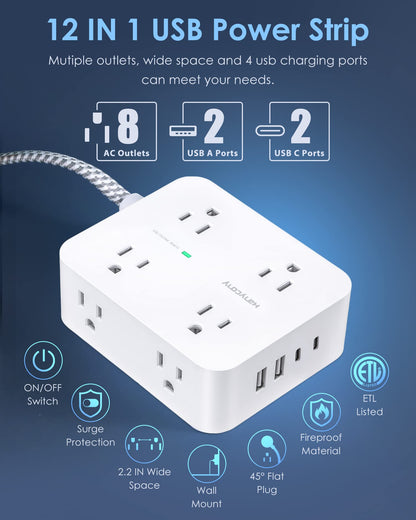 Surge Protector Power Strip - HANYCONY 8 Outlets 4 USB (2 USB C) Charging Ports- Multi Plug Outlet Extender, 5Ft