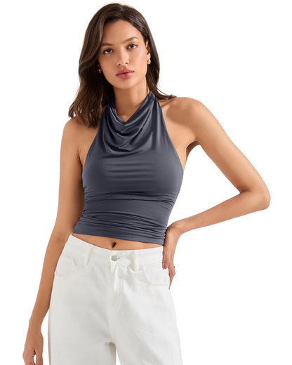 SUUKSESS Women Halter Backless Tank Tops Sexy Cowl Neck Summer Going Out Cami Tops
