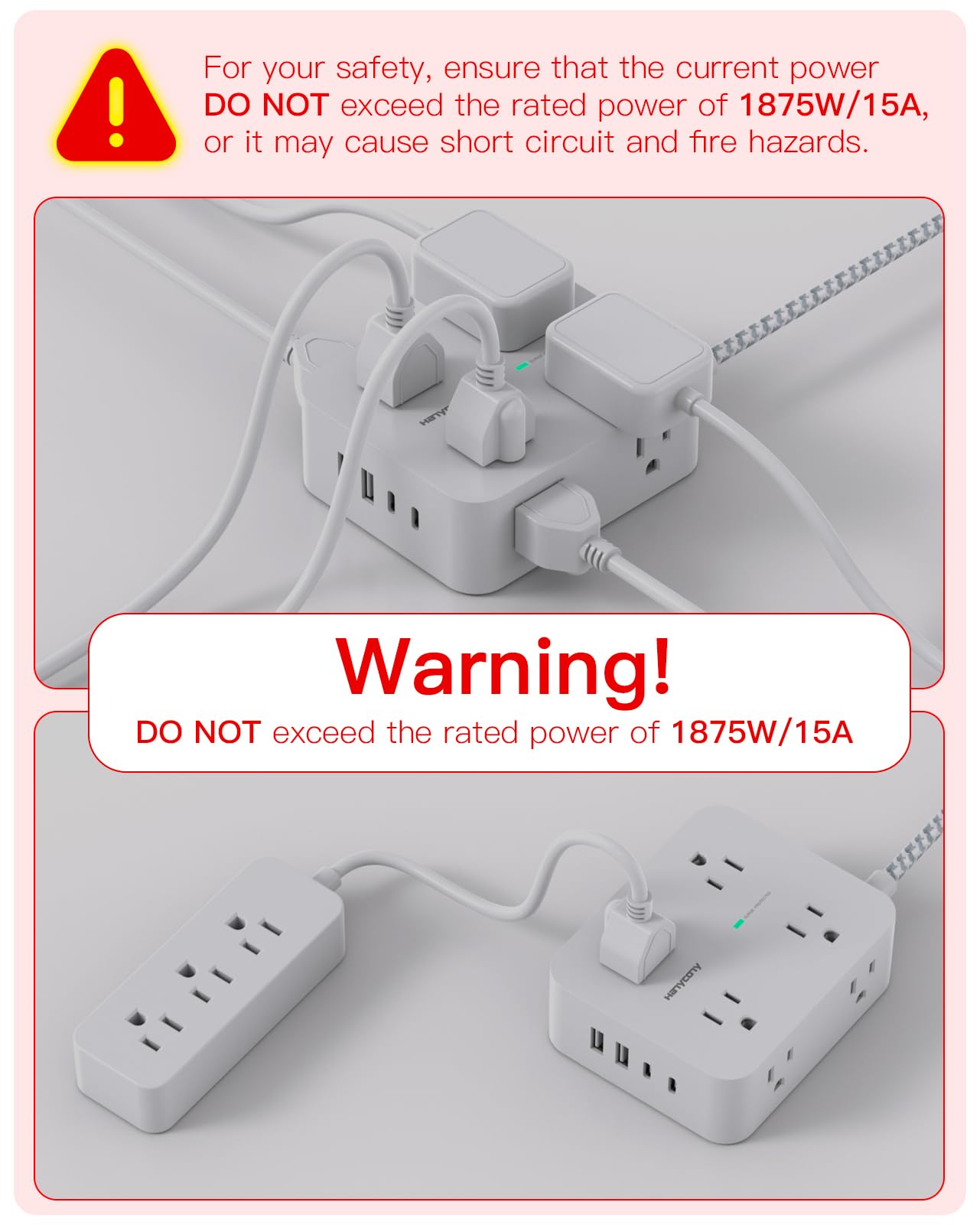 Surge Protector Power Strip - HANYCONY 8 Outlets 4 USB (2 USB C) Charging Ports- Multi Plug Outlet Extender, 5Ft