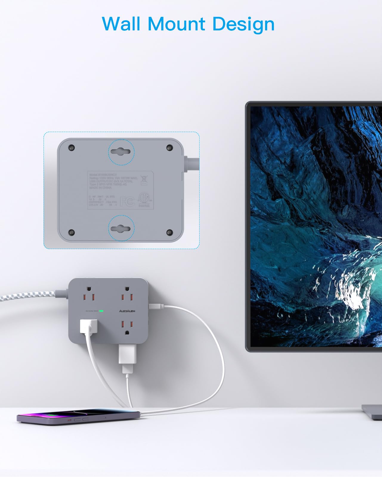Surge Protector Power Strip - HANYCONY 8 Outlets 4 USB (2 USB C) Charging Ports- Multi Plug Outlet Extender, 5Ft