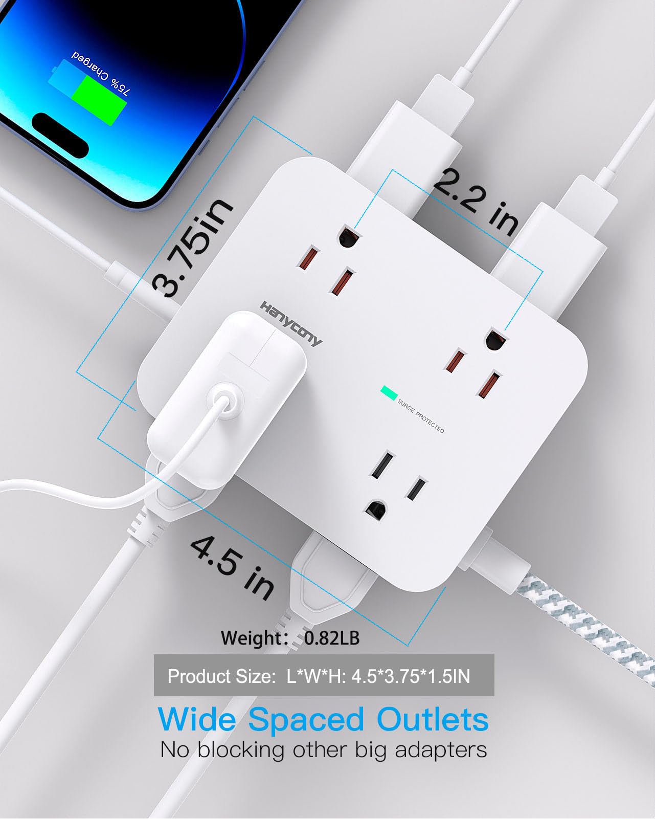 Surge Protector Power Strip - HANYCONY 8 Outlets 4 USB (2 USB C) Charging Ports- Multi Plug Outlet Extender, 5Ft