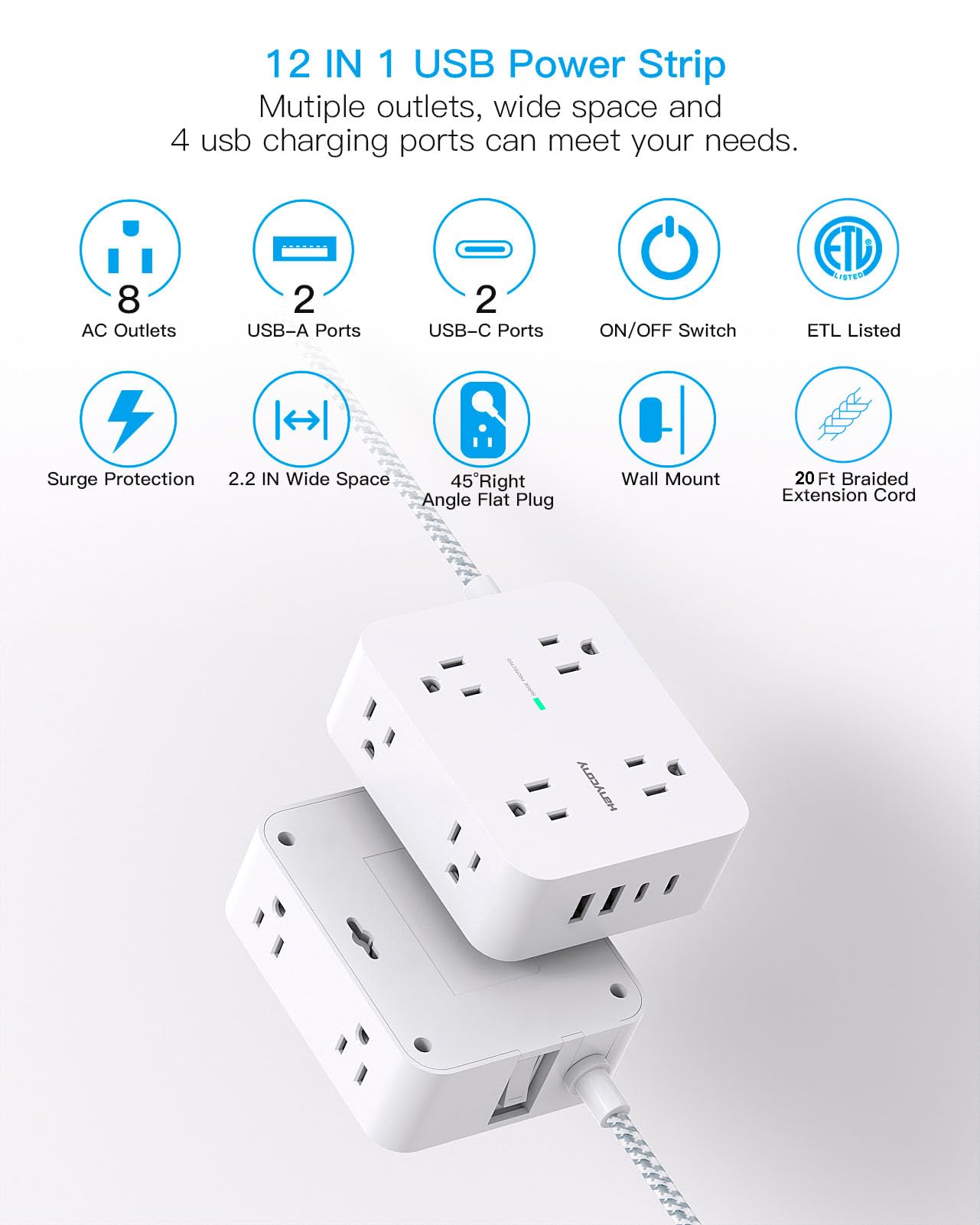 Surge Protector Power Strip - HANYCONY 8 Outlets 4 USB (2 USB C) Charging Ports- Multi Plug Outlet Extender, 5Ft