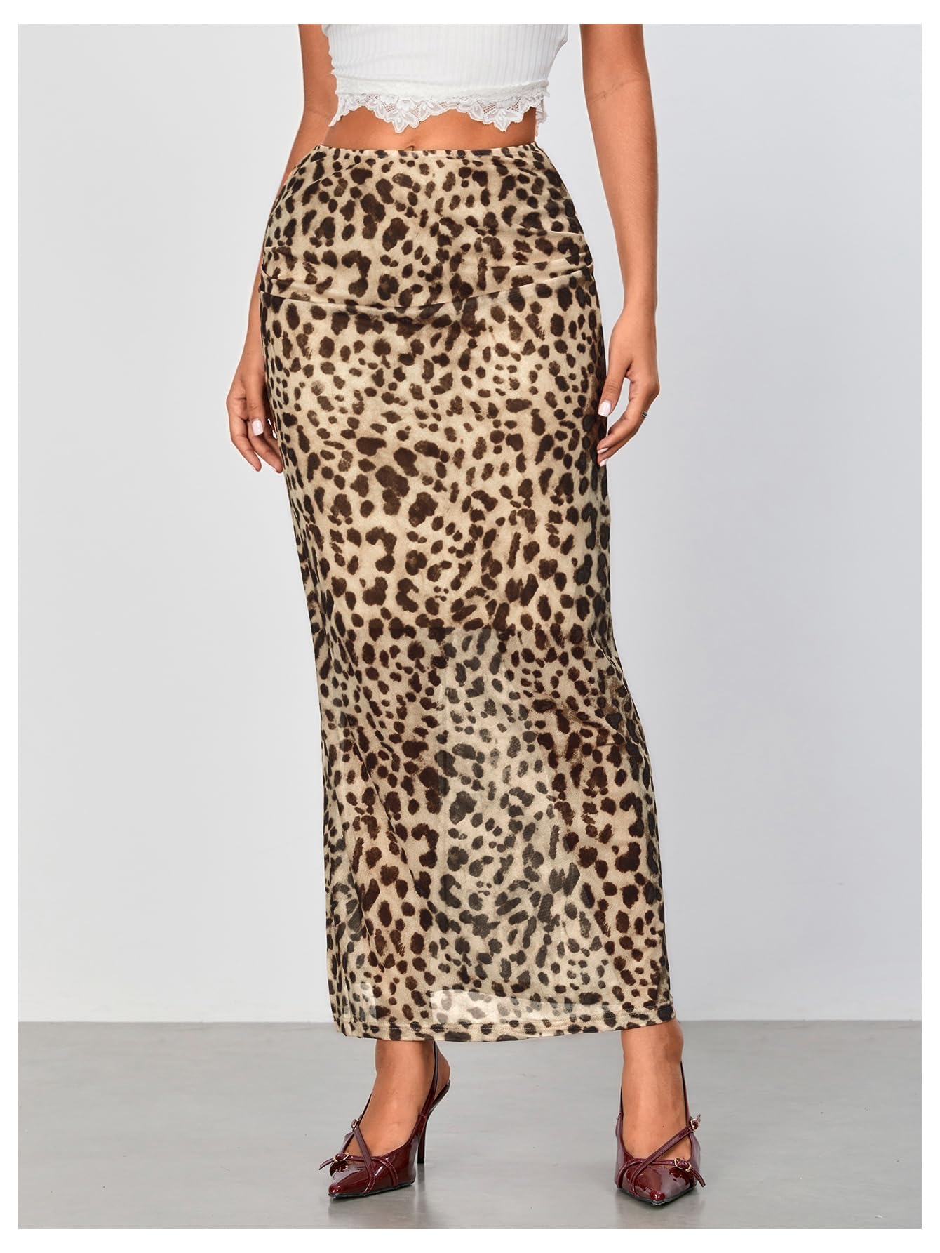 WDIRARA Women's Leopard Print Mesh Skirt Ruched Split Thigh Low Waist Maxi Skirts