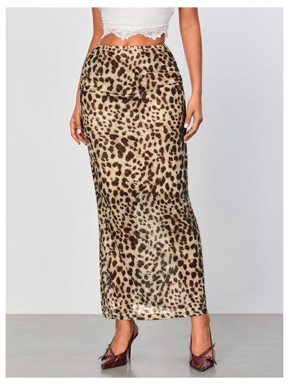 WDIRARA Women's Leopard Print Mesh Skirt Ruched Split Thigh Low Waist Maxi Skirts