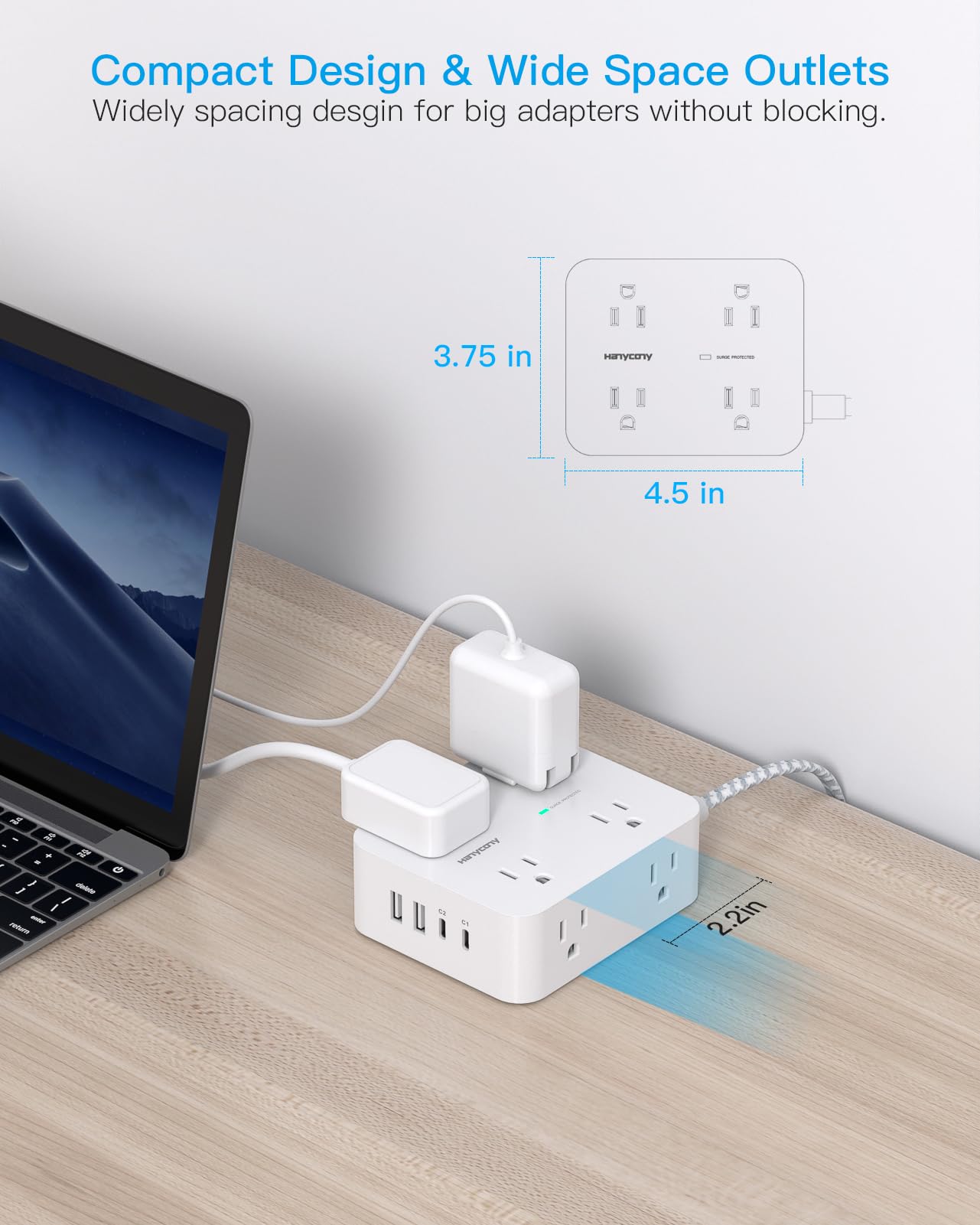 Surge Protector Power Strip - HANYCONY 8 Outlets 4 USB (2 USB C) Charging Ports- Multi Plug Outlet Extender, 5Ft