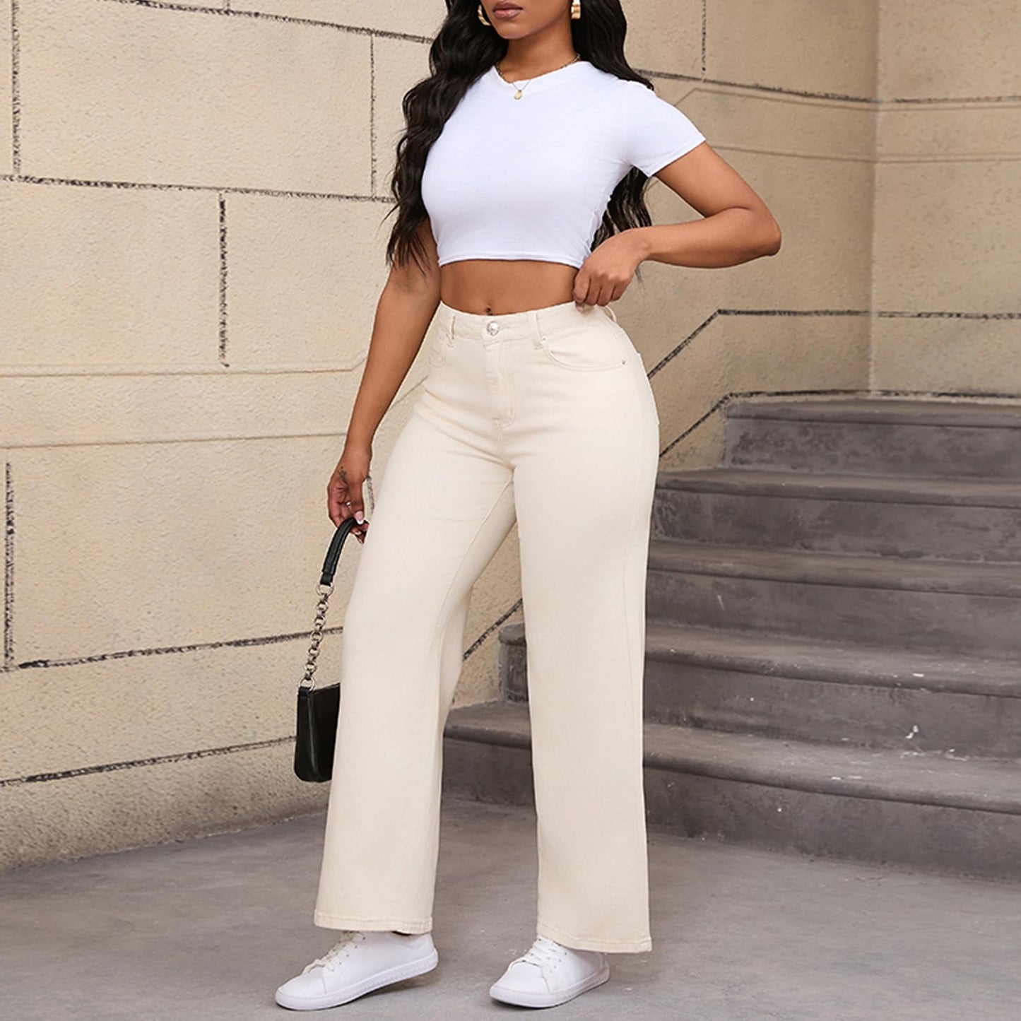 Straight Leg Jeans for Women, High Waisted Stretchy Wide Leg Denim Pants