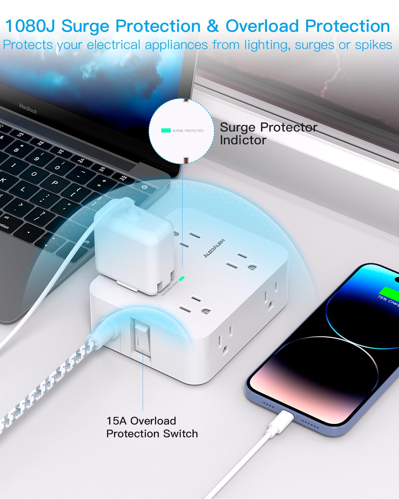 Surge Protector Power Strip - HANYCONY 8 Outlets 4 USB (2 USB C) Charging Ports- Multi Plug Outlet Extender, 5Ft