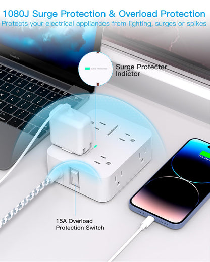 Surge Protector Power Strip - HANYCONY 8 Outlets 4 USB (2 USB C) Charging Ports- Multi Plug Outlet Extender, 5Ft