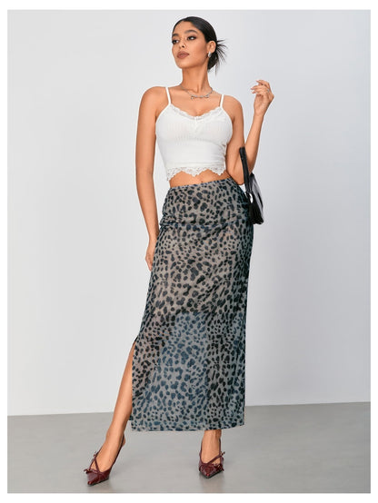 WDIRARA Women's Leopard Print Mesh Skirt Ruched Split Thigh Low Waist Maxi Skirts