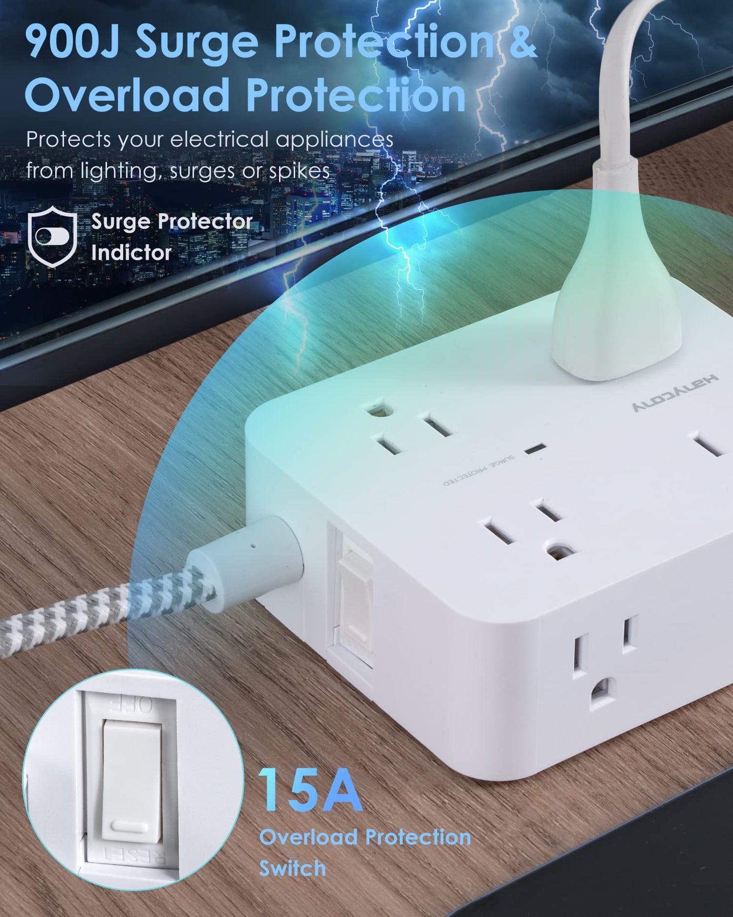 Surge Protector Power Strip - HANYCONY 8 Outlets 4 USB (2 USB C) Charging Ports- Multi Plug Outlet Extender, 5Ft
