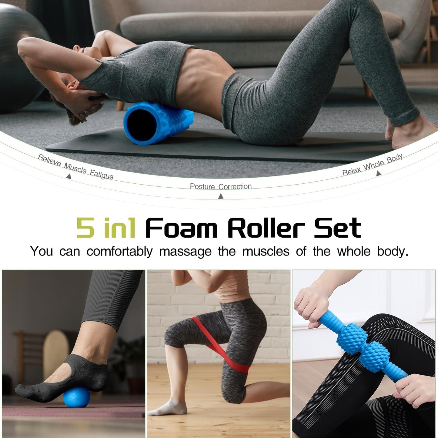 5-in-1 Foam Roller Set, Massage Roller Stick, Massage Ball, Resistance Band
