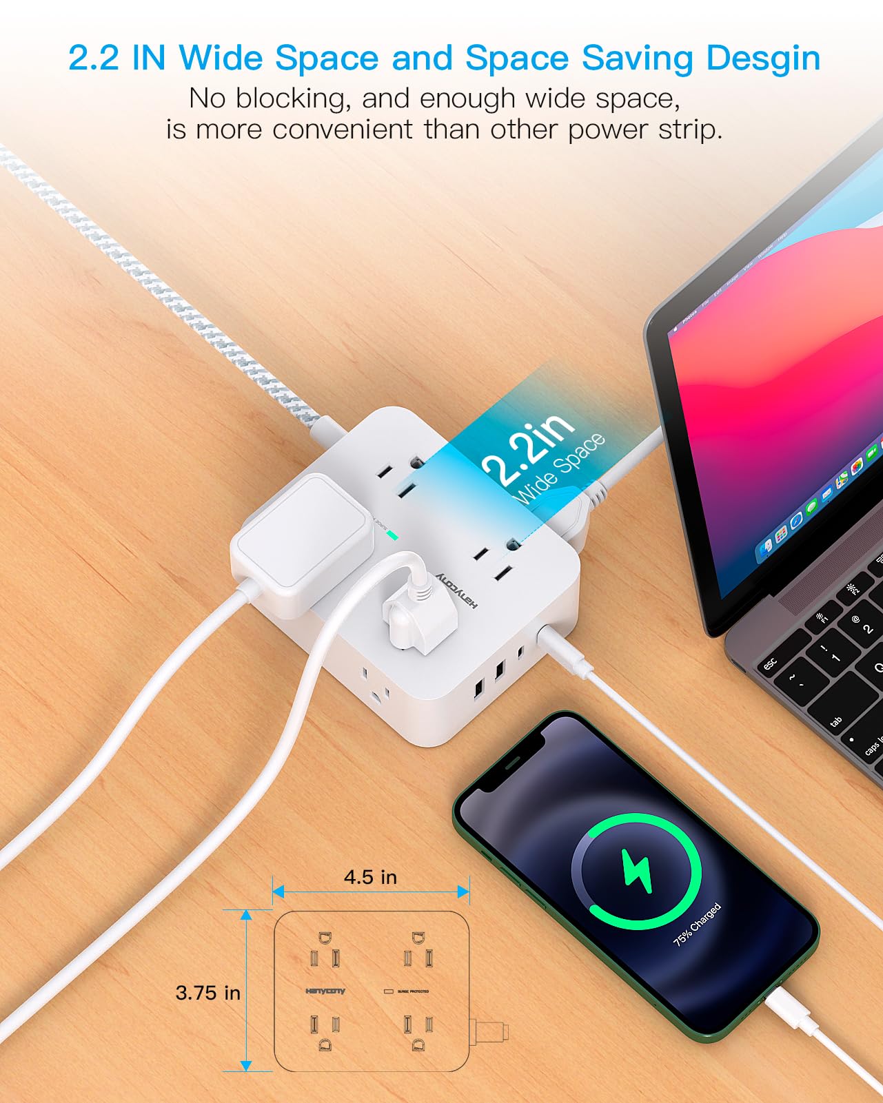 Surge Protector Power Strip - HANYCONY 8 Outlets 4 USB (2 USB C) Charging Ports- Multi Plug Outlet Extender, 5Ft