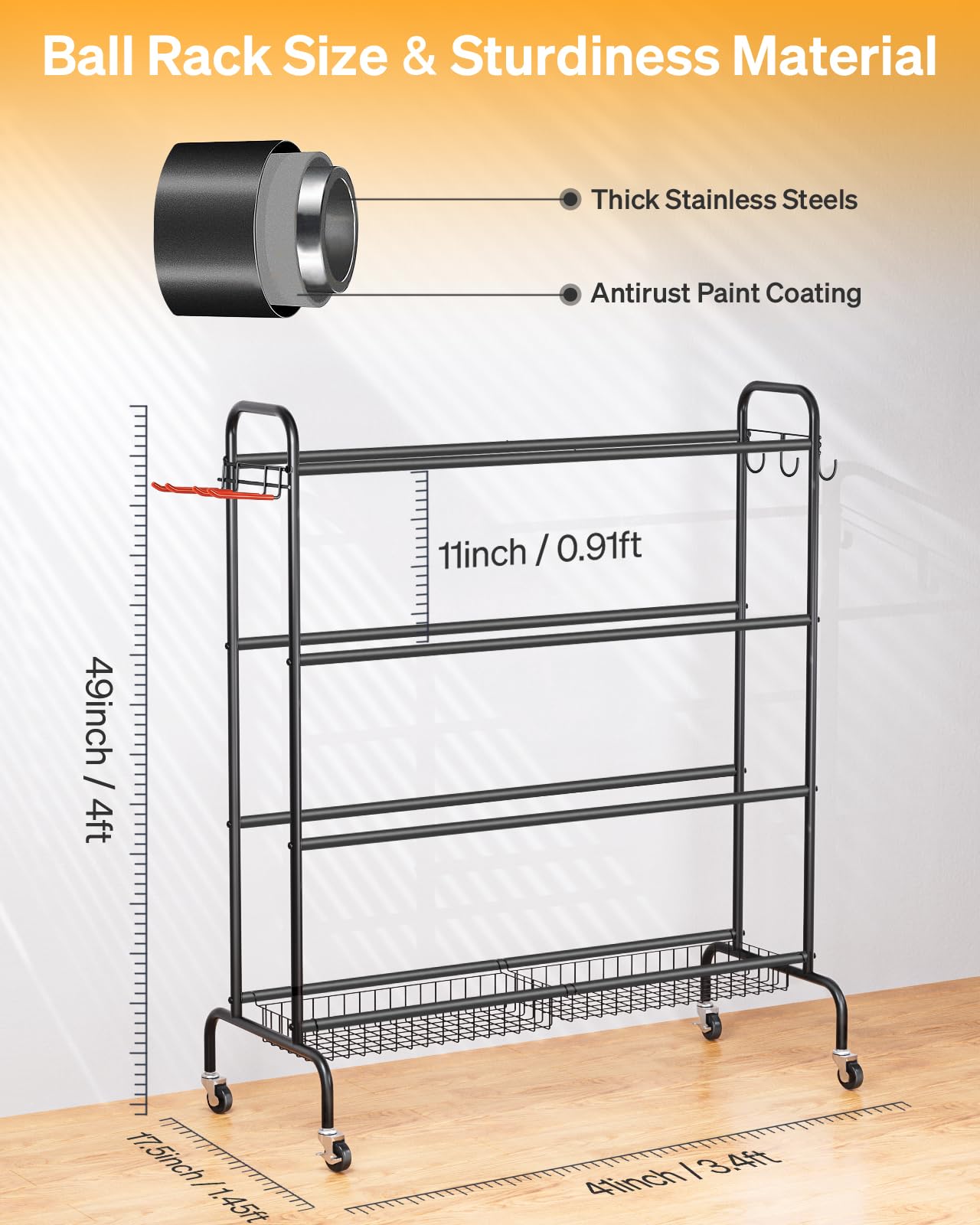 Sports Equipment Storage with Wheels- Four-Layer Organizer Holder with Two Baskets