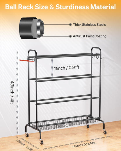 Sports Equipment Storage with Wheels- Four-Layer Organizer Holder with Two Baskets