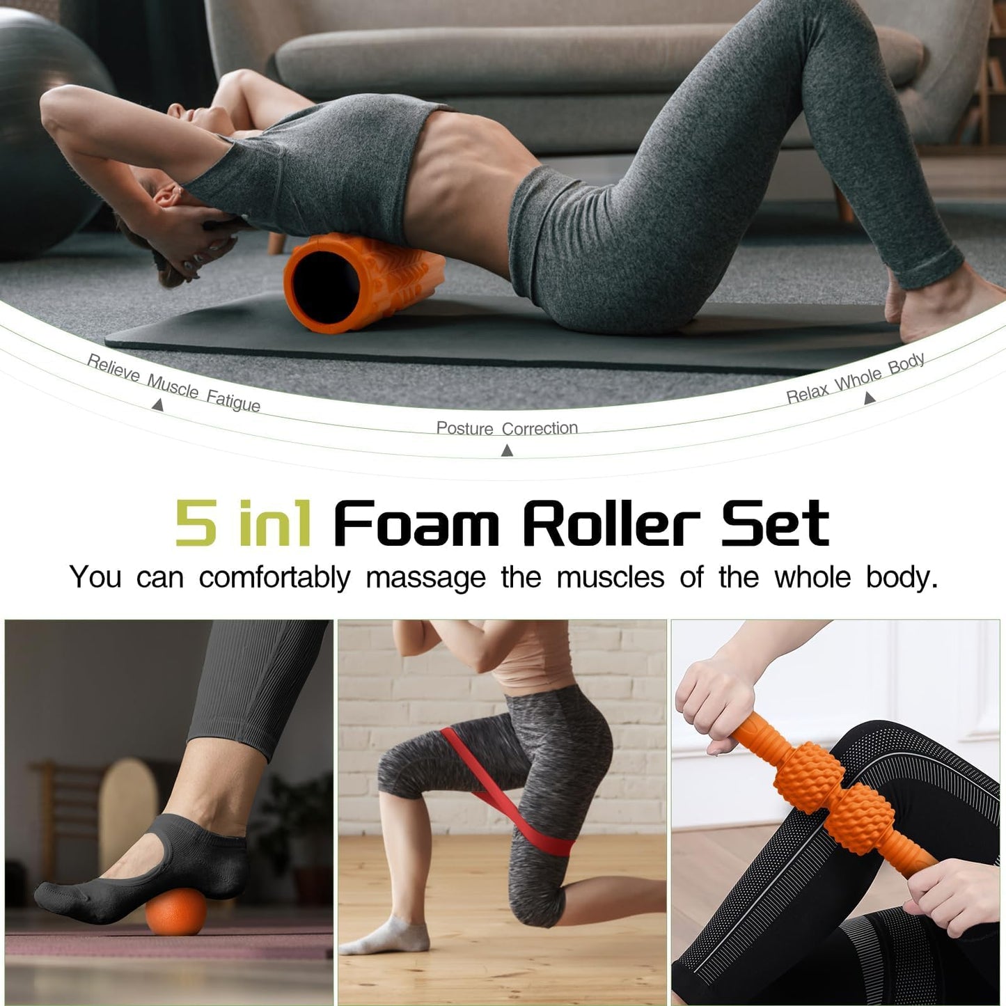 5-in-1 Foam Roller Set, Massage Roller Stick, Massage Ball, Resistance Band