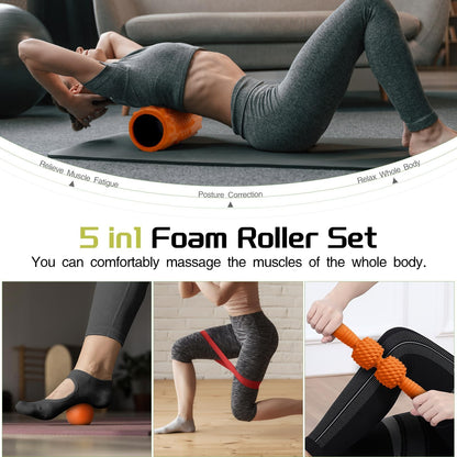 5-in-1 Foam Roller Set, Massage Roller Stick, Massage Ball, Resistance Band